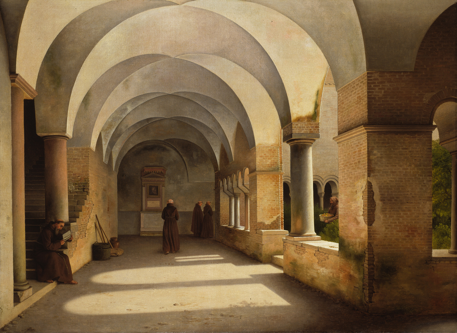 Auto-generated description: A group of monks stands in a sunlit cloister with arched ceilings and brick walls, surrounded by architectural details.