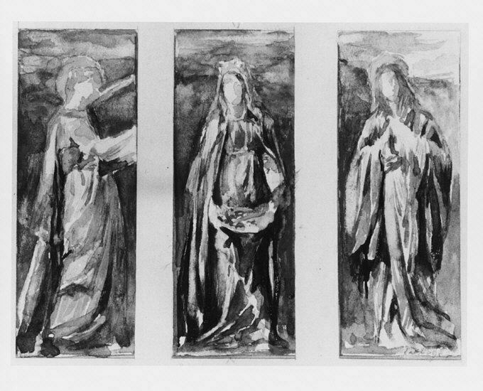 Auto-generated description: A triptych features three monochrome sketches of draped figures, each with indistinct facial features and poses.