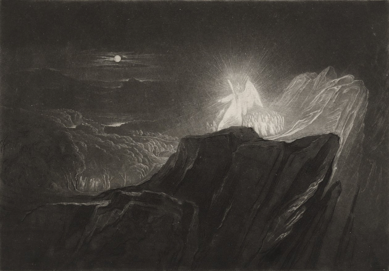 Auto-generated description: A luminous angelic figure stands on a rocky peak amidst a dark, mountainous landscape, with the moon shining in the background.