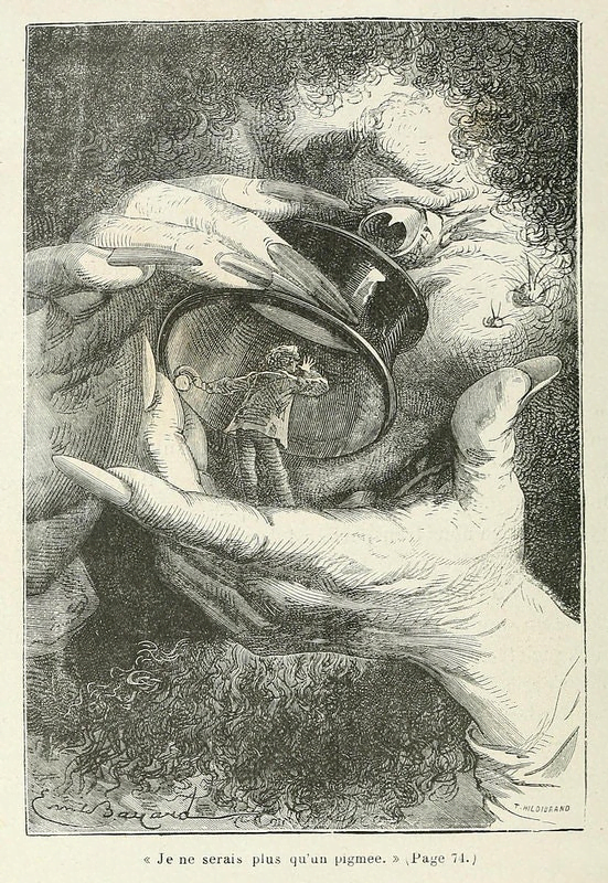 Auto-generated description: A large, curious eye observes a tiny man standing on a person's hand through a magnifying glass, illustrating a sense of scale and scrutiny.