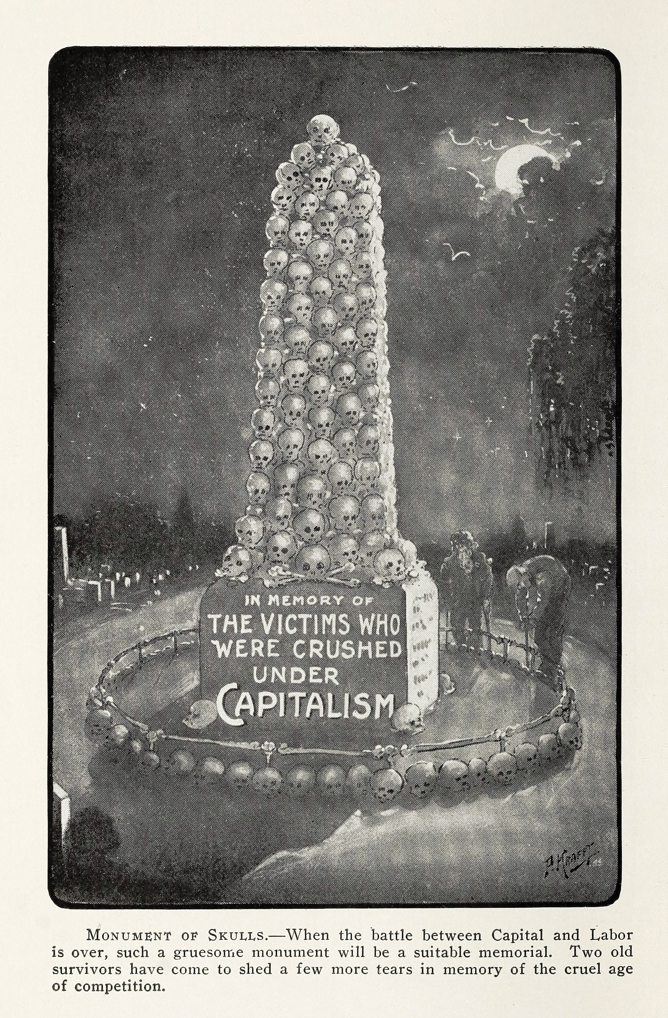Auto-generated description: A tall monument made of skulls with a sign reading In memory of the victims who were crushed under capitalism stands surrounded by two figures against a dark background.
